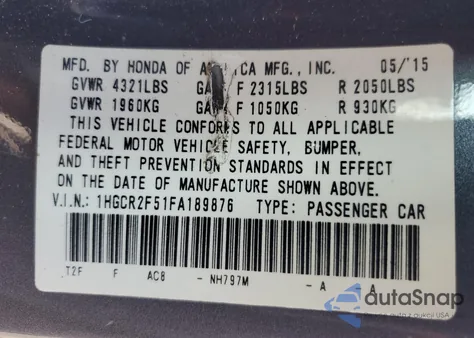 2015 Honda Accord Sport из США, поврежденный, VIN 1HGCR2F51FA189876